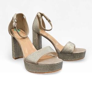 BEBE Silver Rhinestone Platform Open Toe Ankle Strap Sandals Heels 8.5M